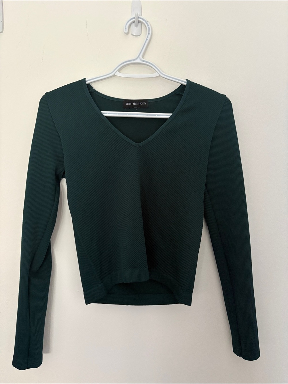 Streetwear Society Dark Green V-Neck Ribbed Long Sleeve Top